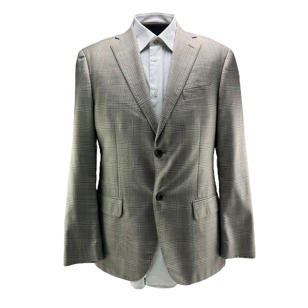 Napoli di Nordstrom Brown & Blue Plaid EThomas Wool‎ Silk Blazer Mens Size 42L